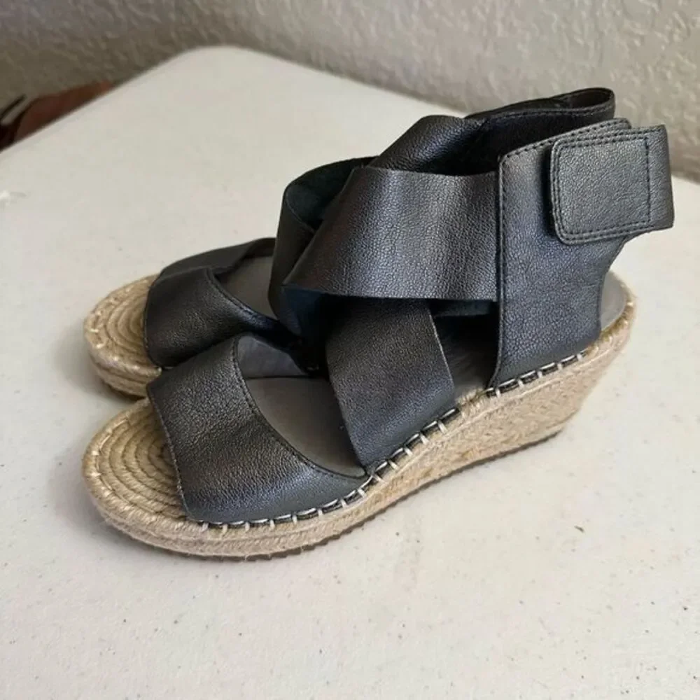 Eileen Fisher Willow Wedge Espadrille Women's Size 5.5 Leather Sandals metallic‎
